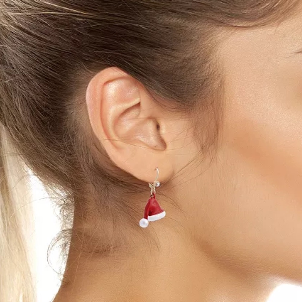 Betsey Johnson Faux Stone Santa Baby Red Santa Hat Drop Dangling Earrings